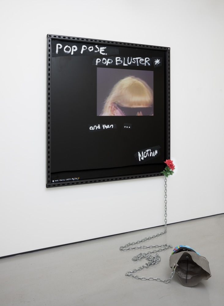 Simeon Barclay&amp;nbsp;

Pop Pose,&amp;nbsp;2023

black ACM board, vinyl, metal, oil and acrylic paint, chain, replica Great Helm, children&amp;rsquo;s unicorn bicycle helmet, acrylic on canvas, plastic rose

158 x 150 cm frame &amp;amp; 40 x 38 x 21 cm helmet