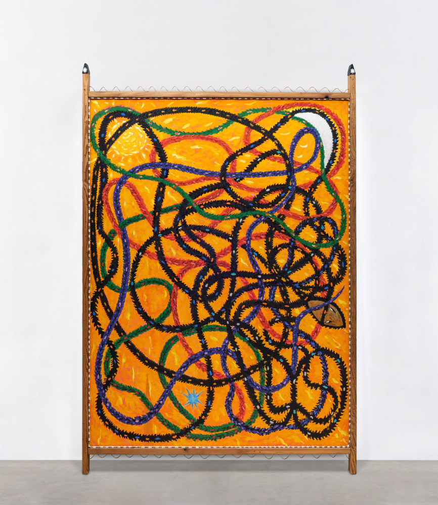 Daniel Rios Rodriguez&amp;nbsp;
Sonidera de Sue&amp;ntilde;os, 2020-21
flashe, oil, nails , rope, copper, wood on canvas
232.4 x 154.9 cm / 91.5 x 61 in&amp;nbsp; &amp;nbsp;

&amp;nbsp;