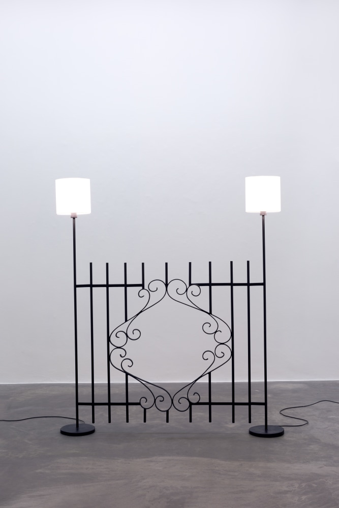 Andy Fitz
Journey&amp;#39;s End (Electric Fence), 2022
steel, wiring, lampshades, bulbs
184 x 163 x 26 cm / 72.4 x 64.2 x 10.2 in