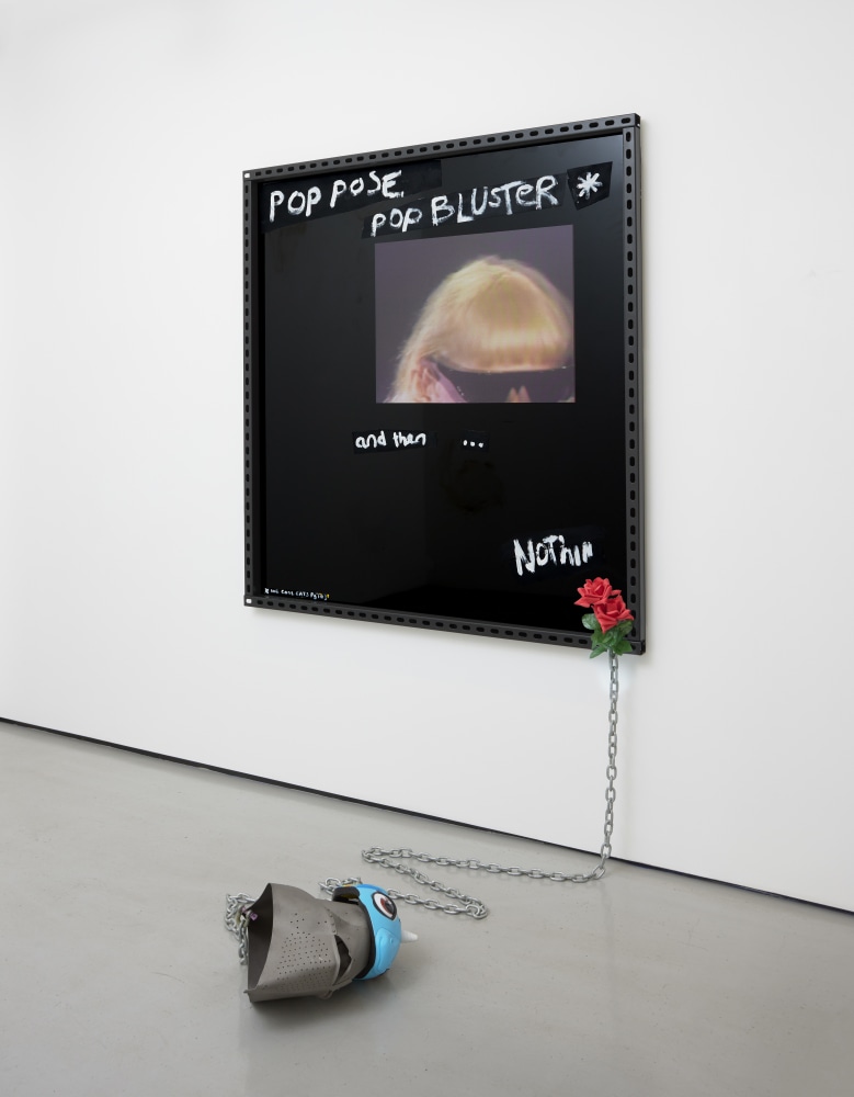 Simeon Barclay&amp;nbsp;

Pop Pose,&amp;nbsp;2023

black ACM board, vinyl, metal, oil and acrylic paint, chain, replica Great Helm, children&amp;rsquo;s unicorn bicycle helmet, acrylic on canvas, plastic rose

158 x 150 cm frame &amp;amp; 40 x 38 x 21 cm helmet