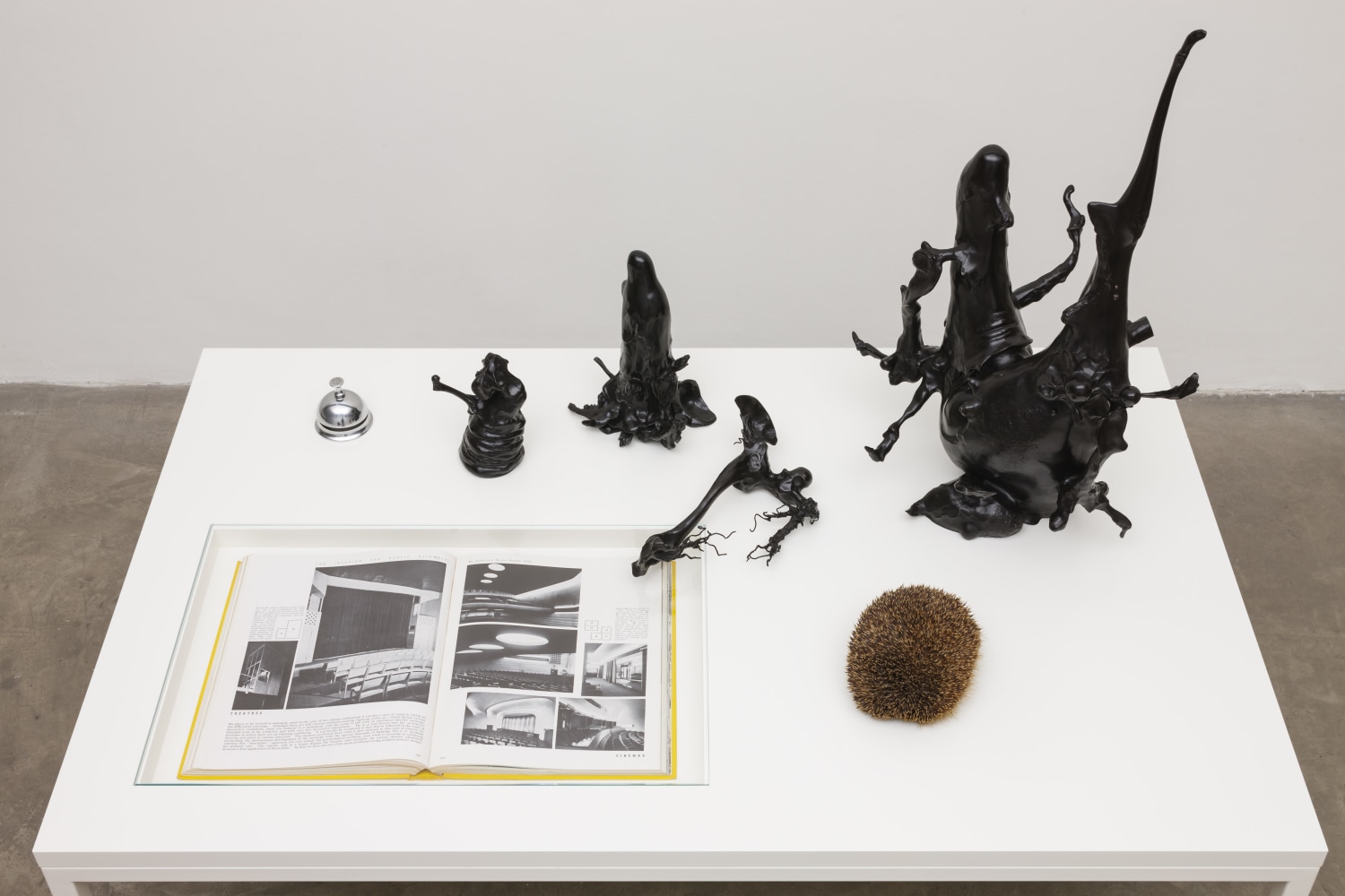 Eoin Mc Hugh&amp;nbsp;
gentle joy, laughter at the trials of the innocents, 2013
taxidermied hedgehog, book, bell, bronze, glass, table
122 x 90 x 144 cm / 48 x 35.4 x 56.7 in