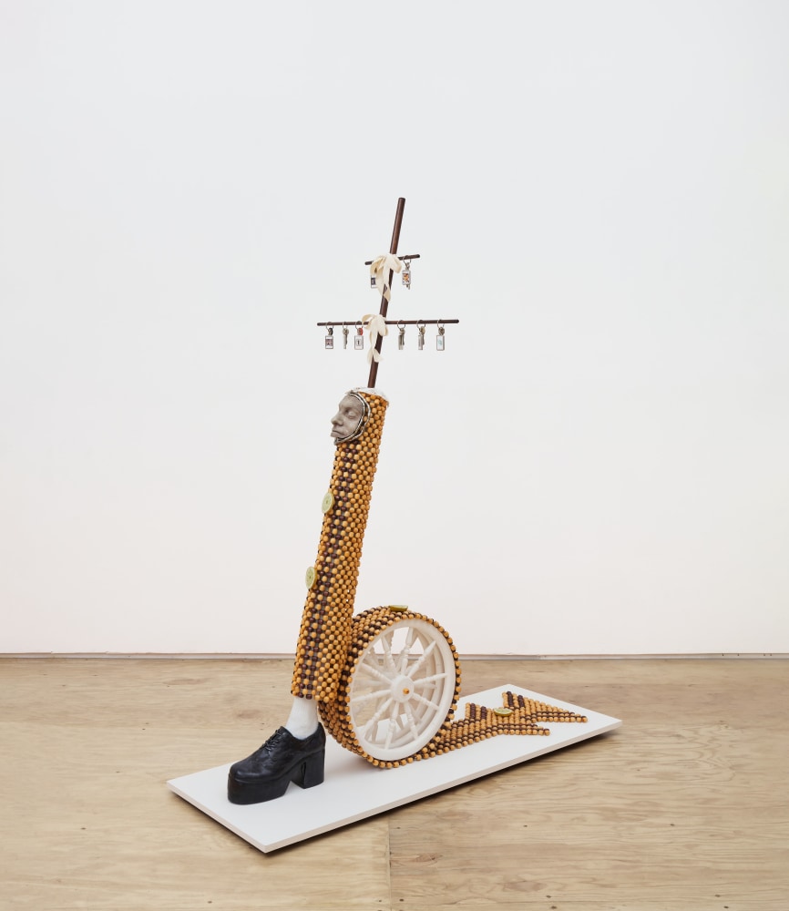 Justin Fitzpatrick
Self portrait as a eukaryotic cell with flagellar motor and platform shoe, 2023
Wood, polyurethane, epoxy resin, aluminum, steel, leather, cotton
175 x 144 x 54 cm