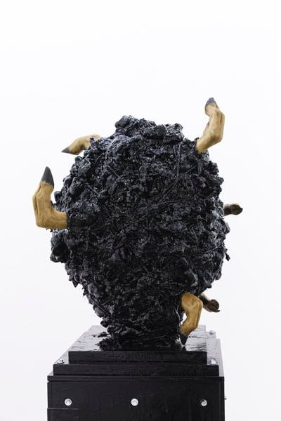 Marcel Vidal,&amp;nbsp;Balcony, 2017, expanding foam, spray paint, wood, watercolour on paper, framed with glass, bitumen, zinc fittings, castor wheels, animal hooves, glue, twine, linen, plaster, 196 x 62 x 62 cm / 77.2 x 24.4 x 24.4 in installed