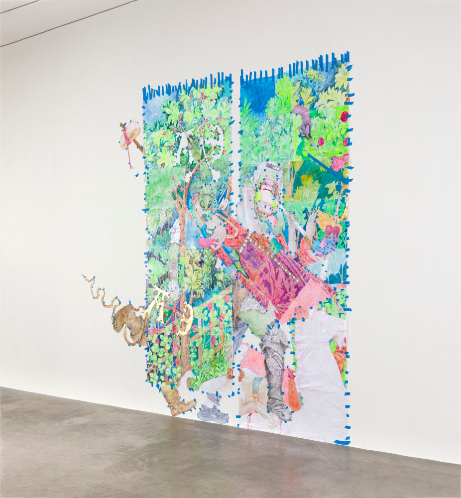 Sam Keogh&amp;nbsp;
The Unicorn Surrenders to a Maiden Cartoon, 2023
acrylic, watercolour, coloured pencil, gold leaf and painter&amp;rsquo;s tape on 70gsm acid-free layout paper
300 x 350 cm approx / 118.1 x 137.8 in approx&amp;nbsp;