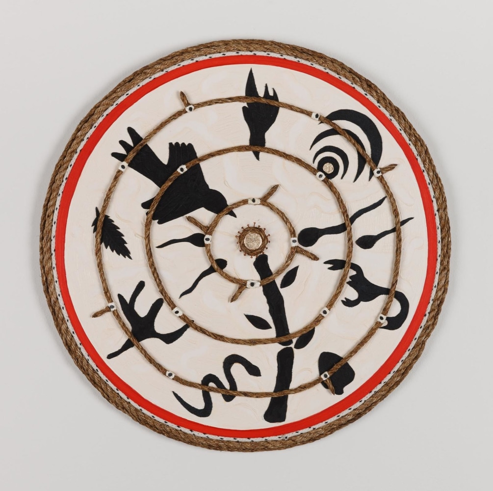 Daniel Rios Rodriguez
Hotwells, 2018
oil, acrylic, rope, nails, linen, aluminium on wood panel
66 cm / 26 in diameter&amp;nbsp;