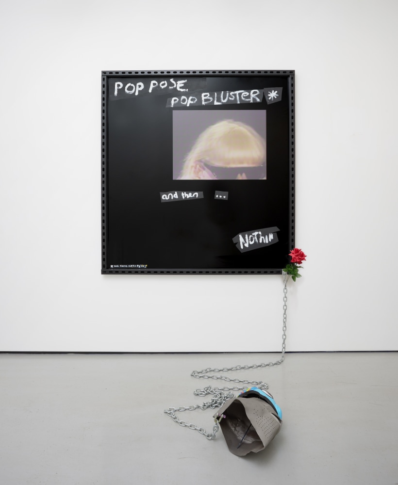 Simeon Barclay&amp;nbsp;

Pop Pose,&amp;nbsp;2023

black ACM board, vinyl, metal, oil and acrylic paint, chain, replica Great Helm, children&amp;rsquo;s unicorn bicycle helmet, acrylic on canvas, plastic rose

158 x 150 cm frame &amp;amp; 40 x 38 x 21 cm helmet

&amp;nbsp;