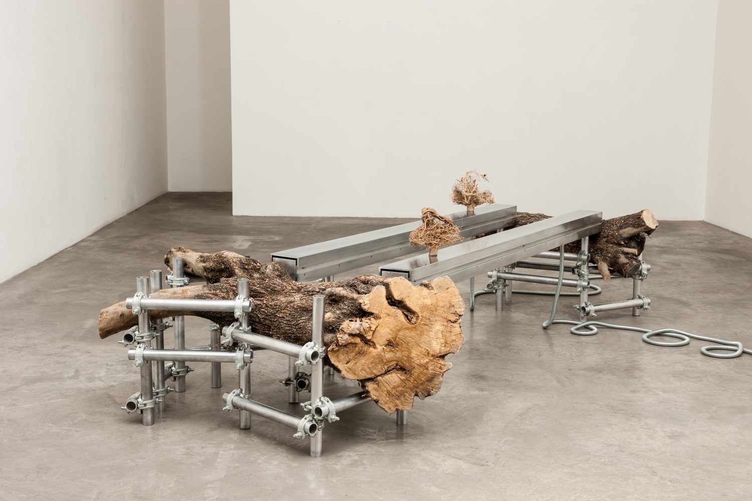 Siobh&amp;aacute;n Hapaska&amp;nbsp;
the recent incarnation of two advanced souls,&amp;nbsp;2012
aluminium, drop-forged scaffold fittings, olive trees, olive tree root balls, motors and various engineering components
97 x 350 x 160 cm / 38.2 x 137.8 x 63 in&amp;nbsp;