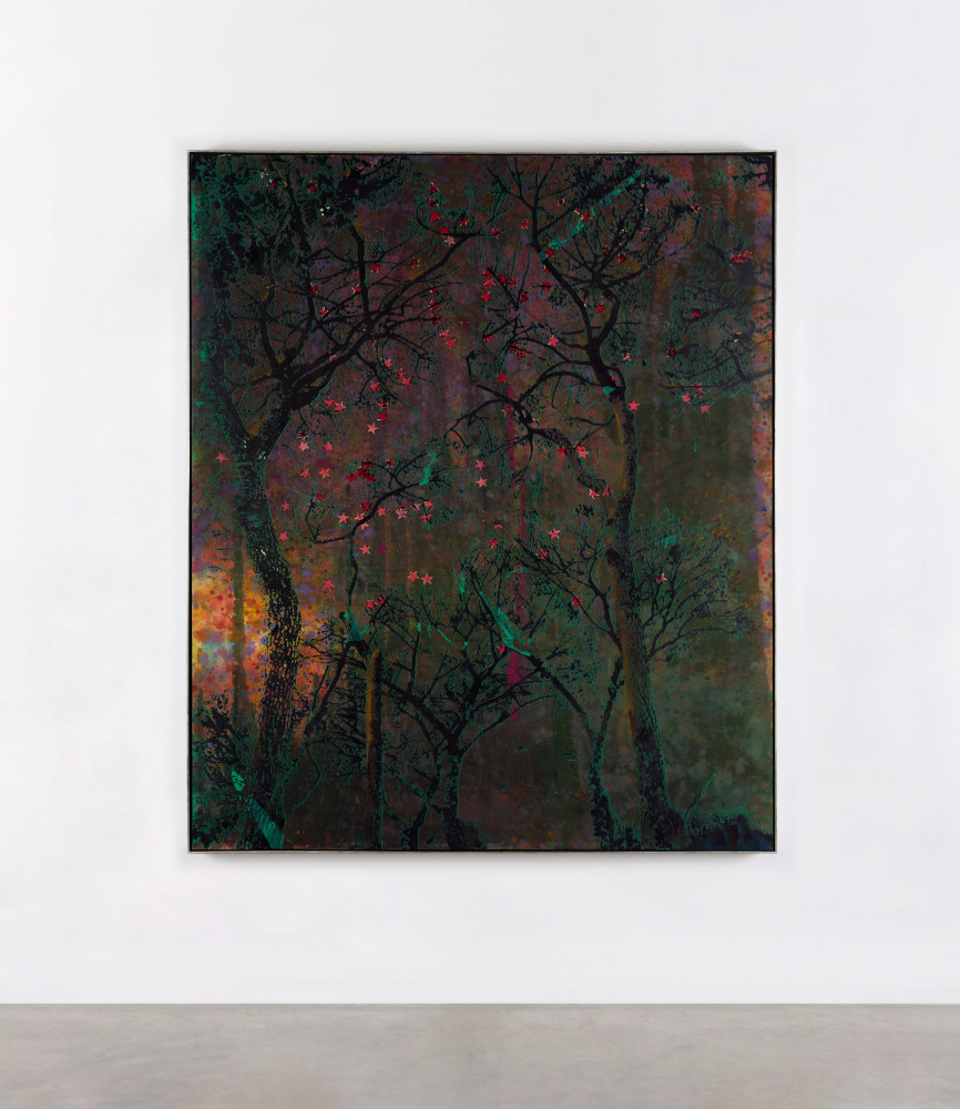 Elizabeth Magill&amp;nbsp;
Red Stars, 2021
oil and mixed media on canvas, hand-gilded silver and painted clay frame
183 x 153 cm / 72 x 60.2 in
185.5 x 155.5&amp;nbsp;cm / 73 x 61.2&amp;nbsp;in framed