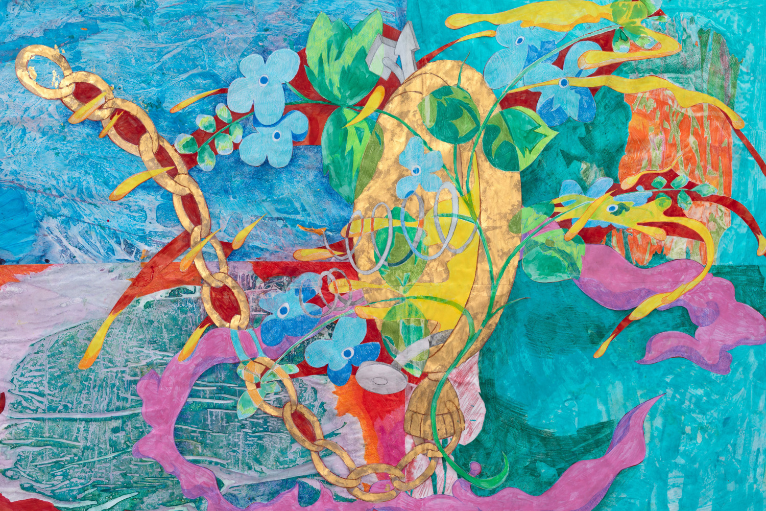 Sam Keogh&amp;nbsp;
Butter Jam Fixed Watch Flower,&amp;nbsp;2021
acrylic, pencil, ink, gold leaf on acid free 70gsm marker paper
81 x 115.5 cm / 31.9 x 45.5 in paper size&amp;nbsp;
87.5 x 121 x 3.5 cm / 34.4 x 47.6 x 1.4 in framed