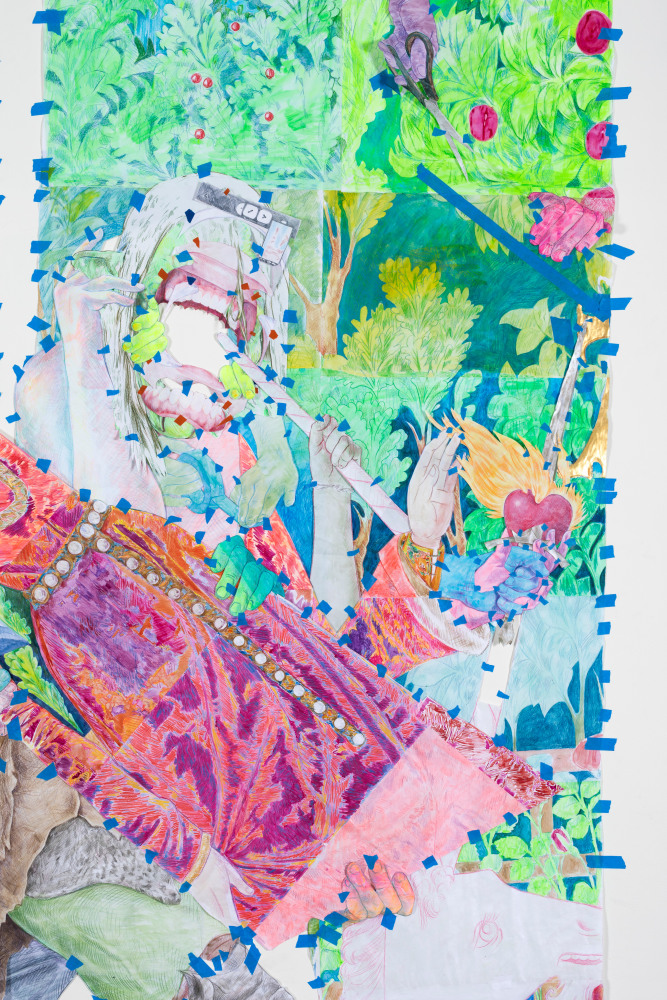 Sam Keogh&amp;nbsp;
The Unicorn Surrenders to a Maiden Cartoon, 2023
acrylic, watercolour, coloured pencil, gold leaf and painter&amp;rsquo;s tape on 70gsm acid-free layout paper
300 x 350 cm approx / 118.1 x 137.8 in approx&amp;nbsp;