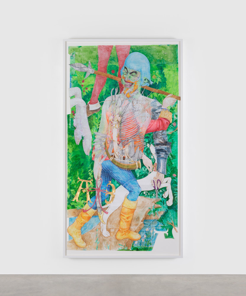 Sam Keogh
Orcish Palisade NPC&amp;nbsp;
2022
colouring pencil, graphite, watercolour, acrylic and gold leaf on 70gsm acid free layout paper
218 x 124 cm / 85.8 x 48.8 in framed&amp;nbsp;