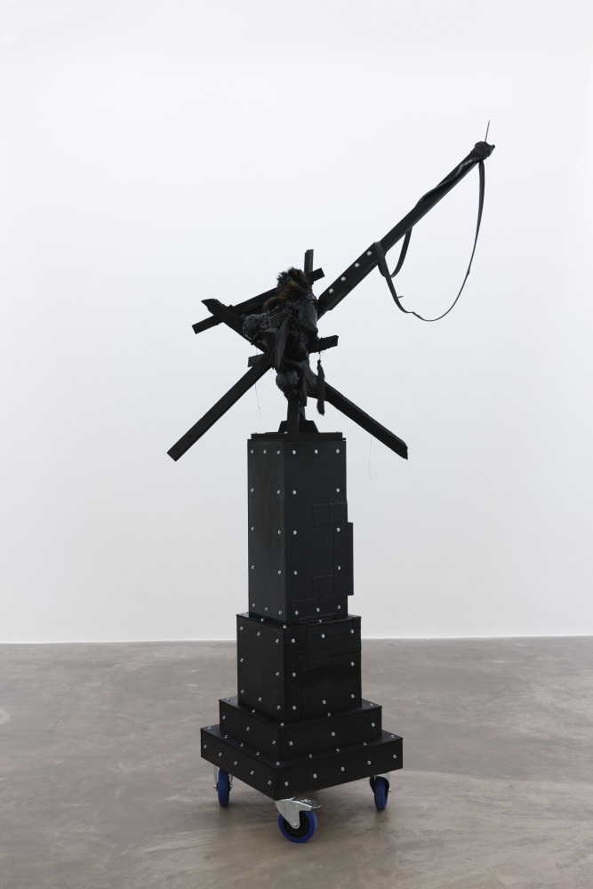 Marcel Vidal&amp;nbsp;
Dead in the day, 2017
expanding foam, spray paint, wood, watercolour on paper framed with glass, bitumen, zinc fittings, castor wheels, rubber, animal fur, linen, plaster
241 x 120 x 80 cm / 94.9 x 47.2 x 31.5 in&amp;nbsp;

&amp;nbsp;