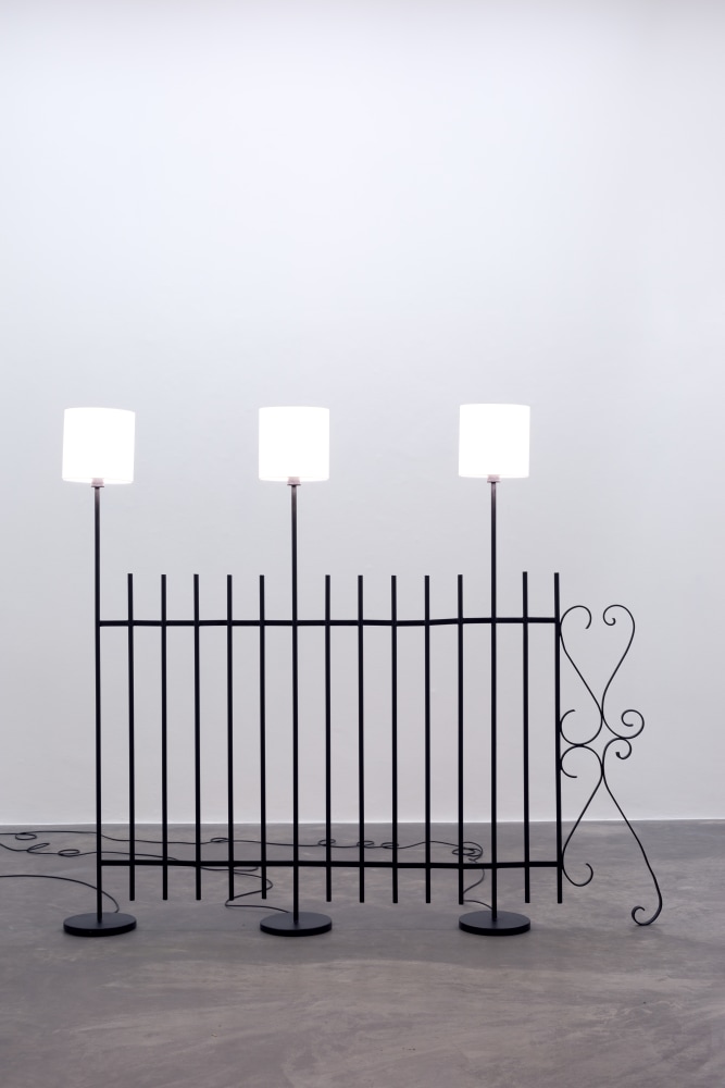Andy Fitz
Desire Lines (Electric Fence),&amp;nbsp;2022
steel, wiring, lampshades, bulbs
184 x 216 x 25 cm / 72.4 x 85 x 9.8 in