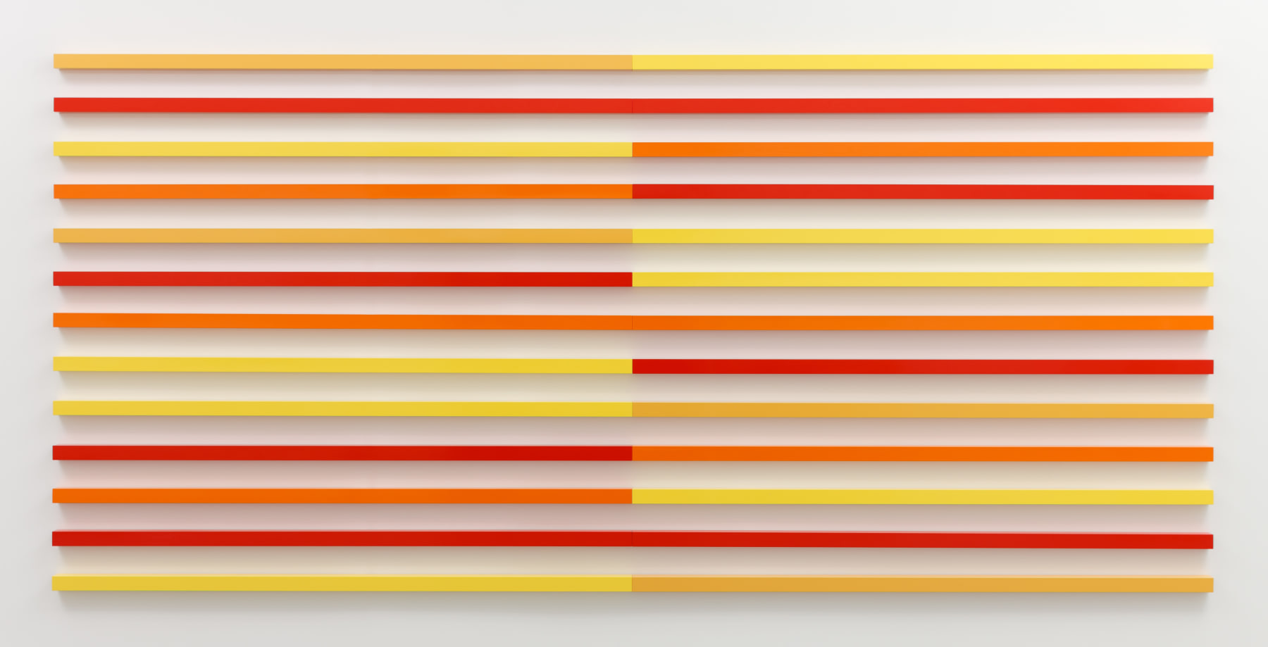 Liam Gillick&amp;nbsp;
Reached Horizon, 2017
powder-coated aluminium, 30 elements
185 x 400 x 5 cm / 72.8 x 157.5 x 2 in&amp;nbsp;
5 x 200 x 5 cm / 2 x 78.7 x 2 in each element