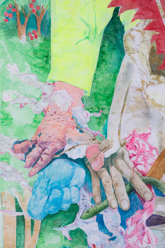 Sam Keogh
Elden Knotweed NPC, 2022
colouring pencil, graphite, watercolour, acrylic and gold leaf on 70gsm acid free layout paper
218 x 124 cm / 85.8 x 48.8 in framed &amp;nbsp;