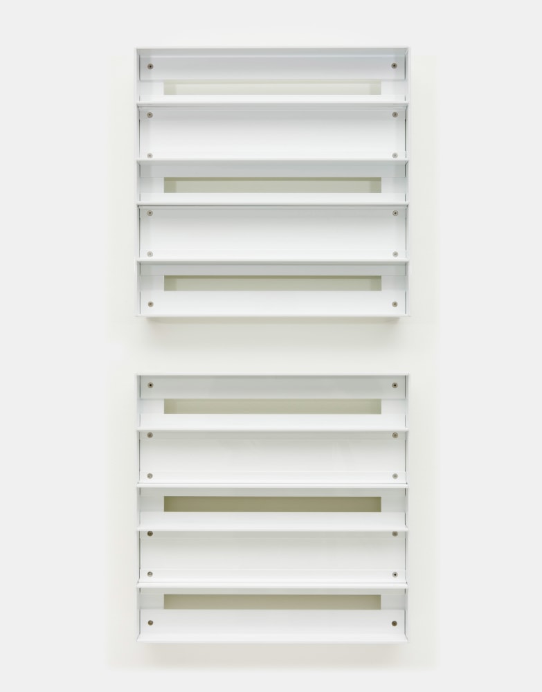 Liam Gillick&amp;nbsp;
Liquidation in the snow, 2010
powder-coated aluminium, Plexiglas, unique
two elements each 50 x 50 x 10 cm / 19.7 x 19.7 x 3.9 in&amp;nbsp;&amp;nbsp;

&amp;nbsp;