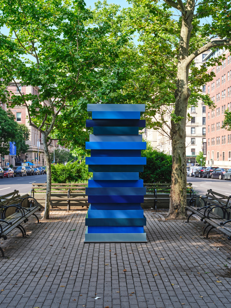 Sean Scully,&amp;nbsp;Stack Blues (In Honour of Arthur Danto), 2017, Aluminum and automotive paint, 9 x 4 x 4 ft. (274 x 122 x 122 cm.), Broadway and 117th Street.&amp;nbsp;Photography by Tom Barratt