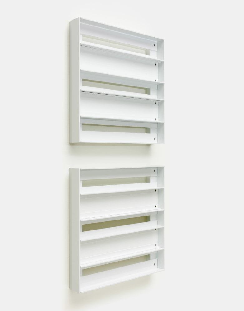 Liam Gillick&amp;nbsp;
Liquidation in the snow,&amp;nbsp;2010
powder-coated aluminium, Plexiglas, unique
two elements each 50 x 50 x 10 cm / 19.7 x 19.7 x 3.9 in&amp;nbsp;&amp;nbsp;

&amp;nbsp;