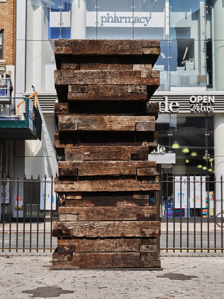 Sean Scully, Sleeper Stack 2, 2018, Railway sleepers, 8.6 x 4 x 4 ft. (2.6 x 1.2 x 1.2 m.),&amp;nbsp;Broadway and 72nd Street. Photography by Tom Barratt