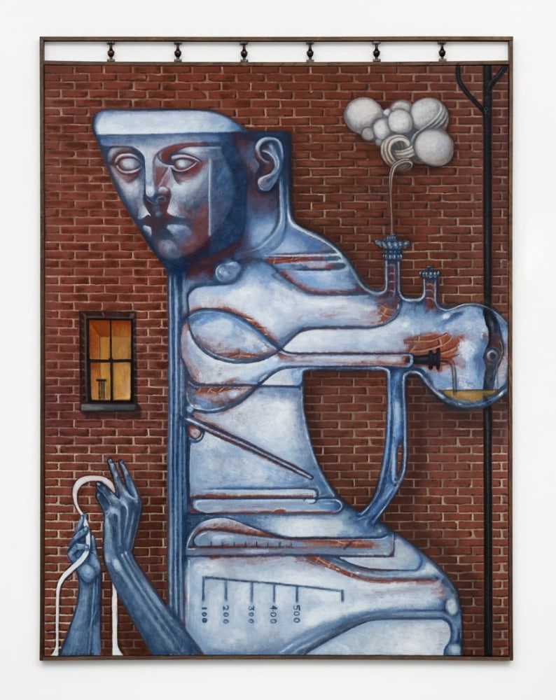 Justin Fitzpatrick, Drainpipe Analyst, 2023, oil on linen, 150 x 113cm. Photographer Damian Griffiths, Courtesy of Seventeen, London.