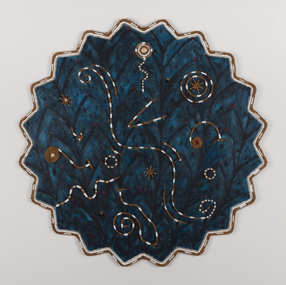 Daniel Rios Rodriguez
Nyctanassa, 2018
oil nails, rope, wood, aluminium, acrylic, river stone, Texas mountain laurel bean on wood panel&amp;nbsp;
116 x 116 cm / 45.7 x 45.7 in

&amp;nbsp;