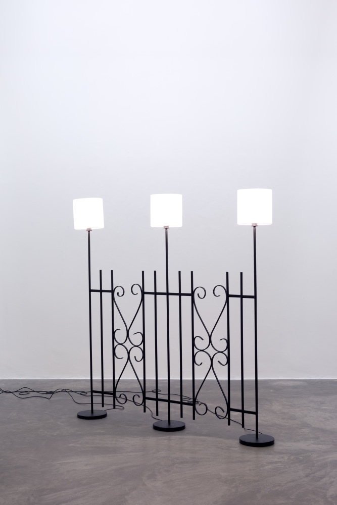 Andy Fitz
Welcome (Electric Fence), 2022
steel, wiring, lampshades, bulbs
185.5 x 181.5 x 26 cm /&amp;nbsp;73 x 71.5 x 10.2 in