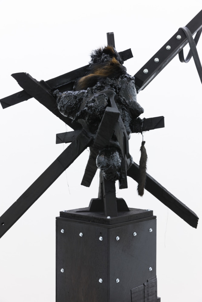 Marcel Vidal&amp;nbsp;
Dead in the day, 2017
expanding foam, spray paint, wood, watercolour on paper framed with glass, bitumen, zinc fittings, castor wheels, rubber, animal fur, linen, plaster
241 x 120 x 80 cm / 94.9 x 47.2 x 31.5 in&amp;nbsp;

&amp;nbsp;