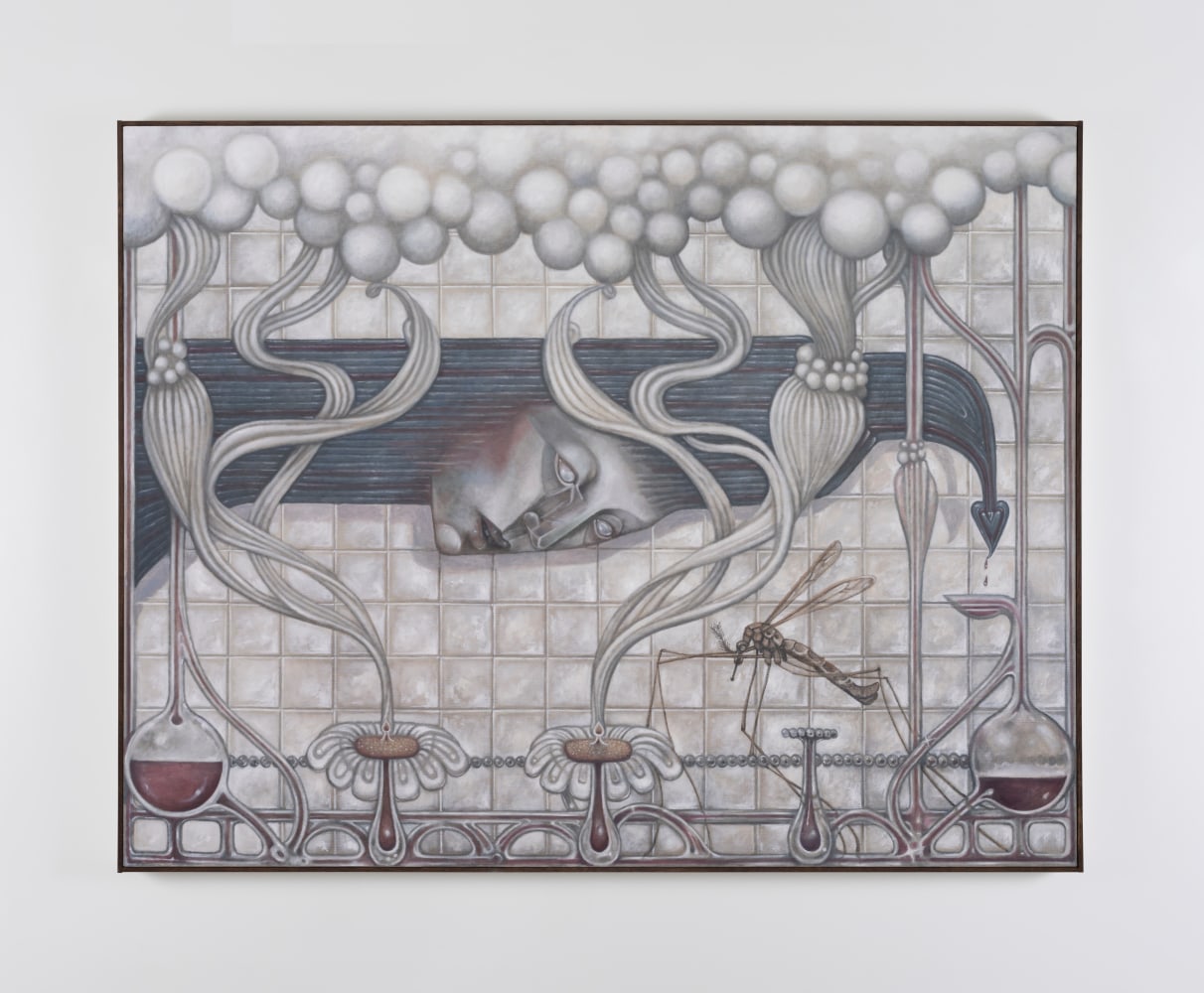 Justin Fitzpatrick, Perfume Pollen Plasma, 2024, oil on linen, 140 x 180 cm, 142 x 182 x 2.6 cm framed