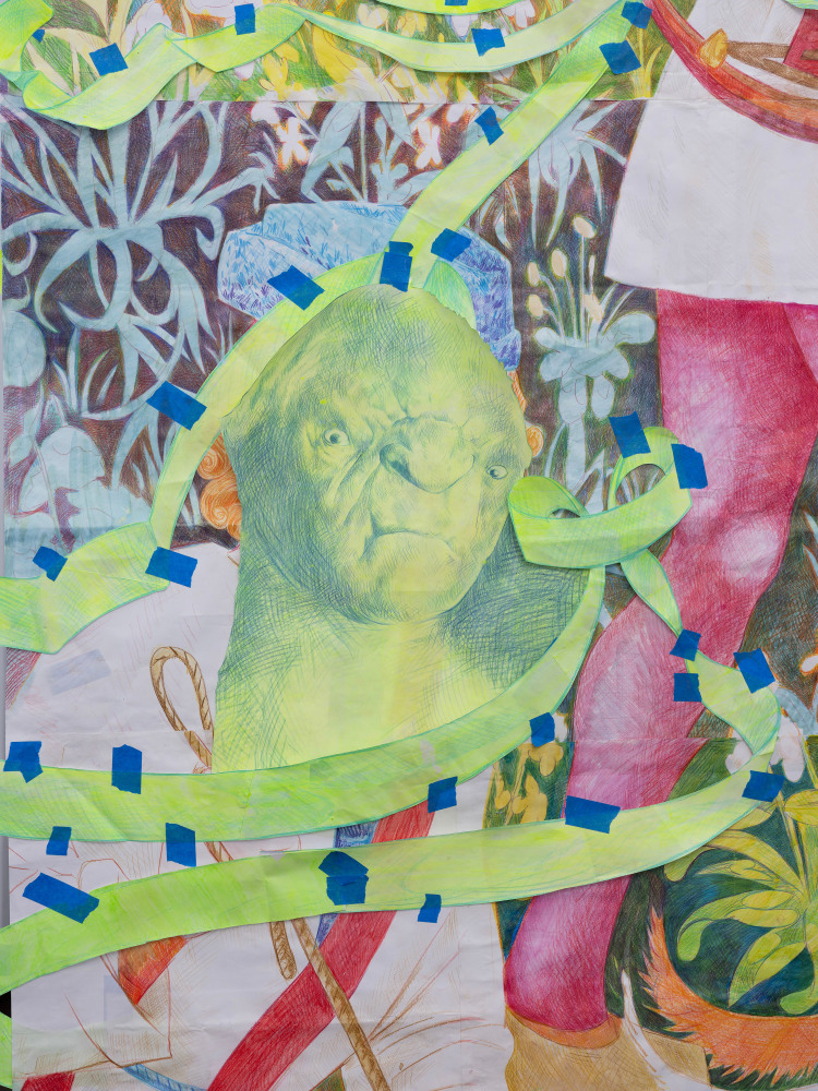 Sam Keogh, Pages from The Hunters Enter the Woods Cartoon, 2024, acrylic, watercolour, coloured pencil and gold leaf on 70gsm acid-free layout paper, masking tape, gaffer tape, cardboard cutouts, mic stands. Dimension variable. Photo: Ollie Harrop