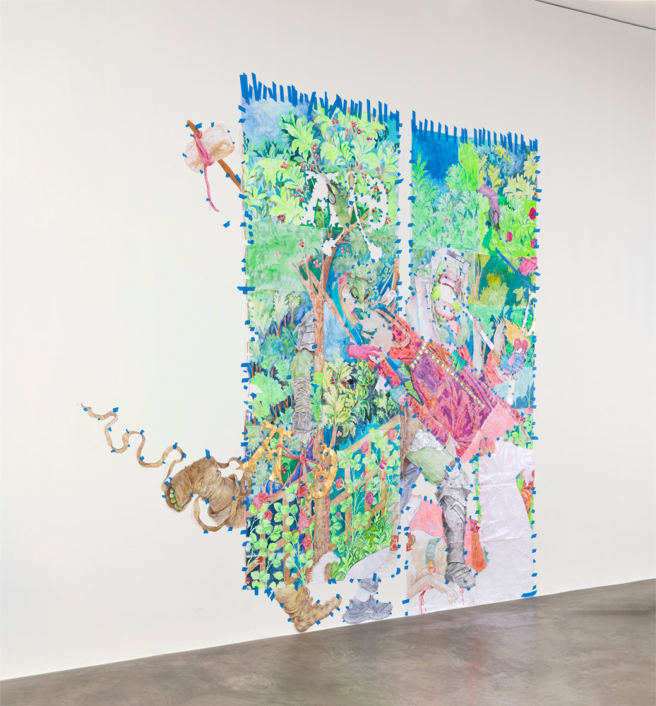 Sam Keogh&amp;nbsp;
The Unicorn Surrenders to a Maiden Cartoon, 2023
acrylic, watercolour, coloured pencil, gold leaf and painter&amp;rsquo;s tape on 70gsm acid-free layout paper
300 x 350 cm approx / 118.1 x 137.8 in approx&amp;nbsp;