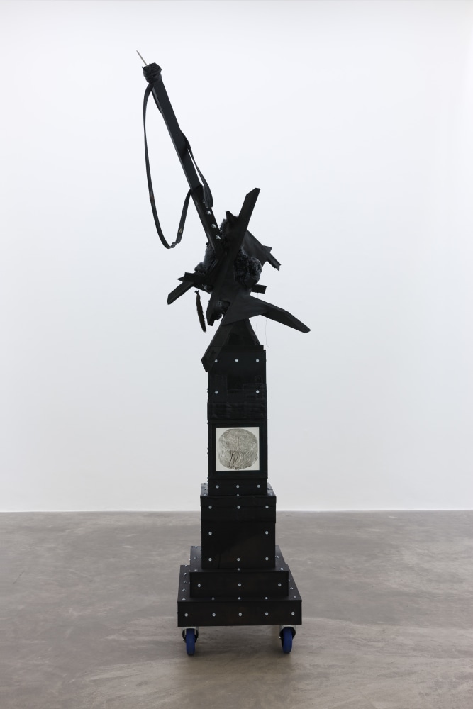 Marcel Vidal&amp;nbsp;
Dead in the day, 2017
expanding foam, spray paint, wood, watercolour on paper framed with glass, bitumen, zinc fittings, castor wheels, rubber, animal fur, linen, plaster
241 x 120 x 80 cm / 94.9 x 47.2 x 31.5 in&amp;nbsp;

&amp;nbsp;