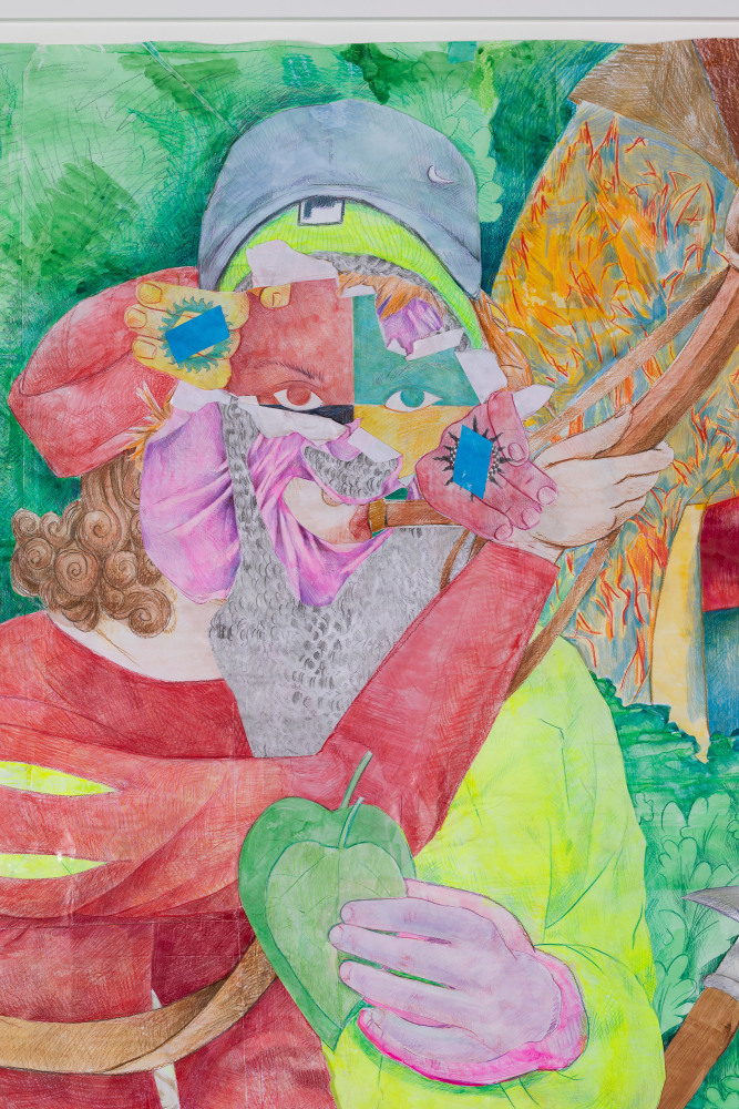 Sam Keogh
Elden Knotweed NPC&amp;nbsp;
2022
colouring pencil, &amp;nbsp;graphite, watercolour, acrylic and gold leaf on 70gsm acid free layout paper
218 x 124 cm / 85.8 x 48.8 in framed &amp;nbsp;