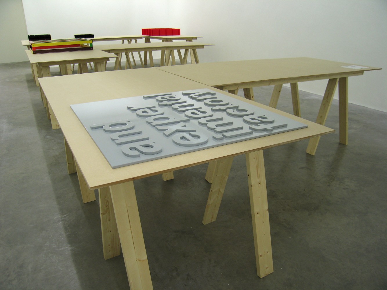 Liam Gillick&amp;nbsp;
Literally Based on H.Z. 2006
Ten table units and seven prototypes/structures&amp;nbsp;
each table 240cm x 120cm x 100cm / 94.5 x 47 x 39.3 in
Collection of Irish Museum of Modern Art, Dublin