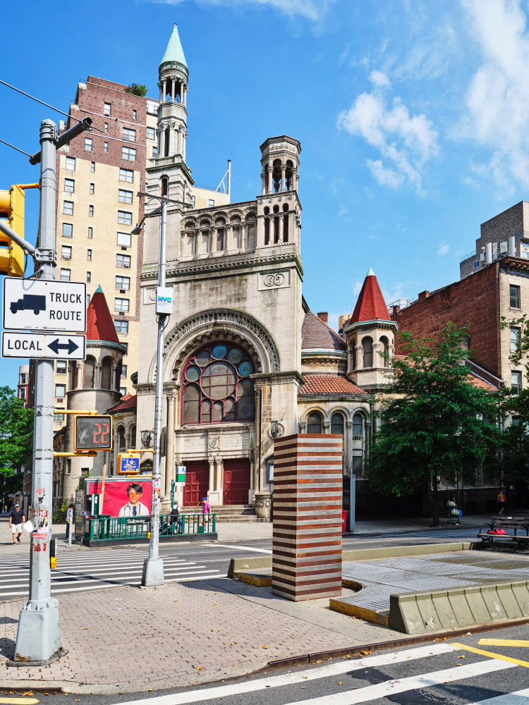 Sean Scully, Silver Brown Tower, 2019, Corten and stainless steel, 9 x 3 x 3 ft. (274.3 x 91.4 x 91.4 cm.), Broadway and 79th Street. Photography by Tom Barratt