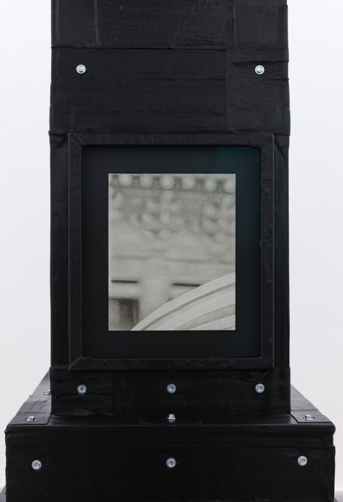 Marcel Vidal&amp;nbsp;
Balcony, 2017
expanding foam, spray paint, wood, watercolour on paper, framed with glass bitumen, zinc fittings, castor wheels, animal hooves, glue, twine, linen, plaster
196 x 62 x 62 cm / 77.2 x 24.4 x 24.4 in&amp;nbsp;
Collection of Arts Council of Ireland

&amp;nbsp;