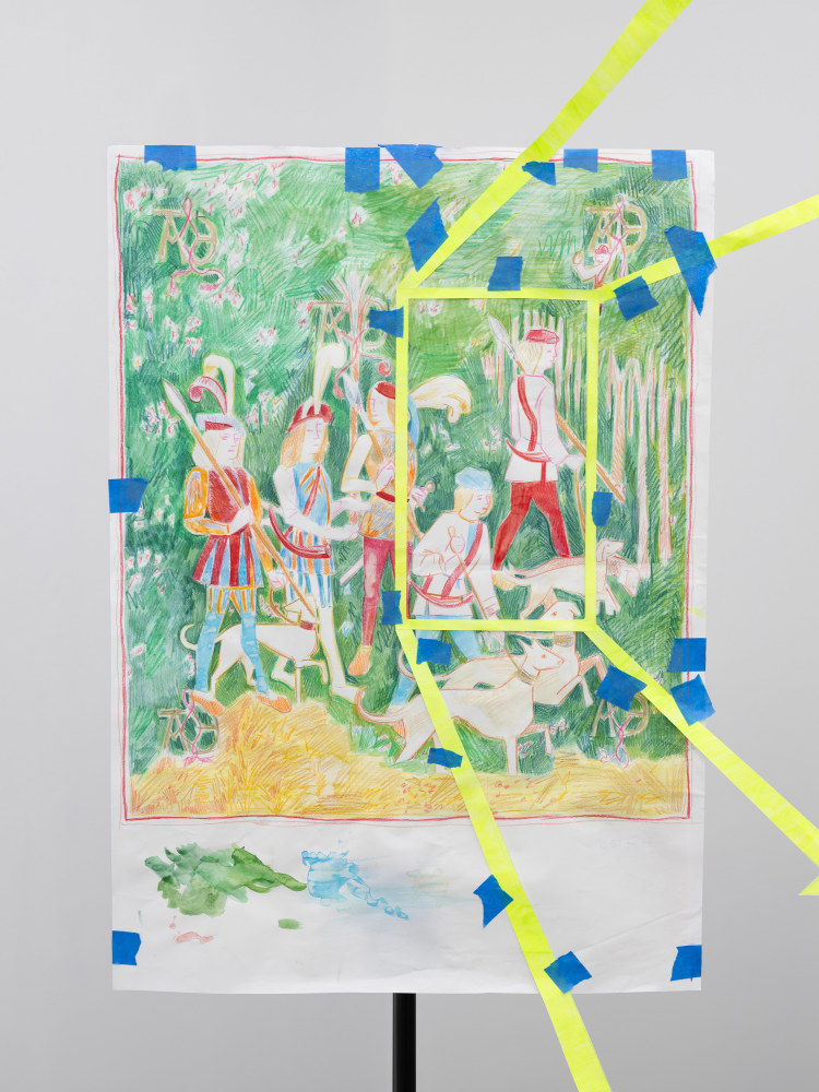 Sam Keogh, Pages from The Hunters Enter the Woods Cartoon, 2024, acrylic, watercolour, coloured pencil and gold leaf on 70gsm acid-free layout paper, masking tape, gaffer tape, cardboard cutouts, mic stands. Dimension variable. Photo: Ollie Harrop