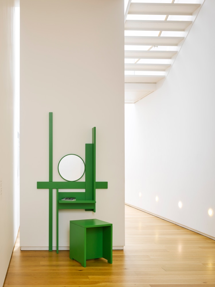 Liam Gillick&amp;nbsp;
Neural Mechanisms, 2016
birch plywood, two pack lacquer - RAL6018, mirror
2 elements, desk and stool
200 x 102.5 x 30 cm / 78.7 x 40.4 x 11.8 in&amp;nbsp;
50 x 40 x 40 cm / 19.7 x 15.7 x 15.7 in&amp;nbsp;

&amp;nbsp;