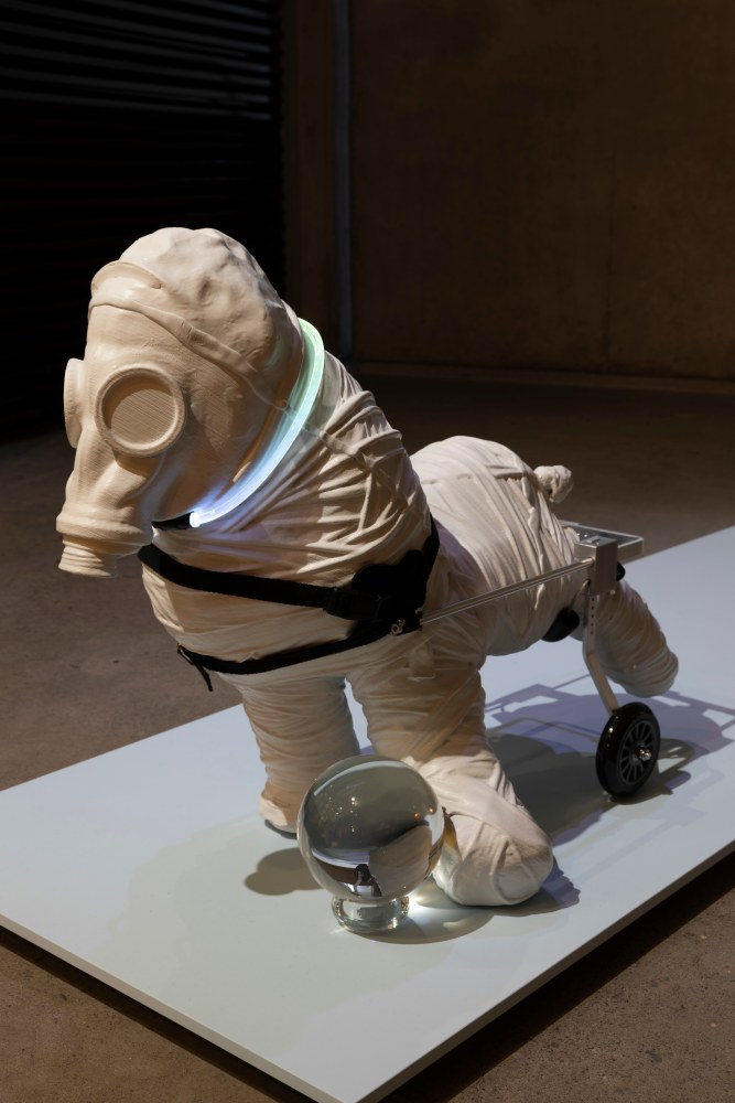 Siobh&amp;aacute;n Hapaska
Salvatore Mundi, 2023
Polylactic acid, paint, dog wheelchair, crystal ball, led collar, mdf, plywood, paint
​​​​​​​65 x 245 x 64 cm