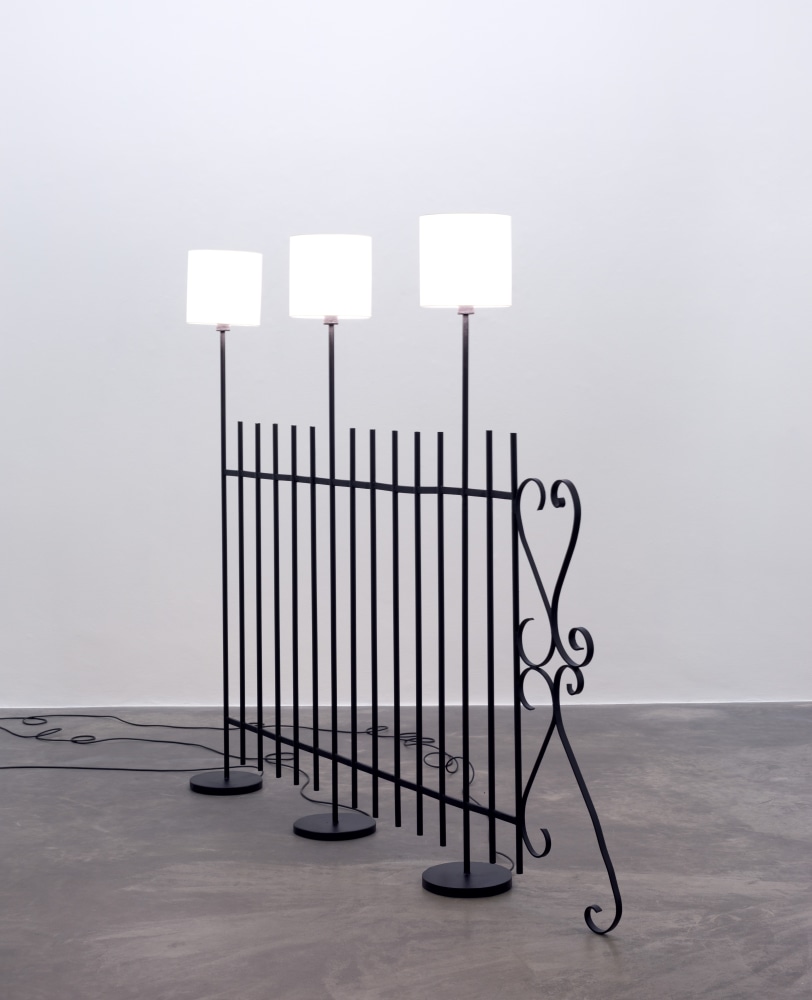Andy Fitz

Desire Lines (Electric Fence),&amp;nbsp;2022

steel, wiring, lampshades, bulbs

184 x 216 x 25 cm / 72.4 x 85 x 9.8 in