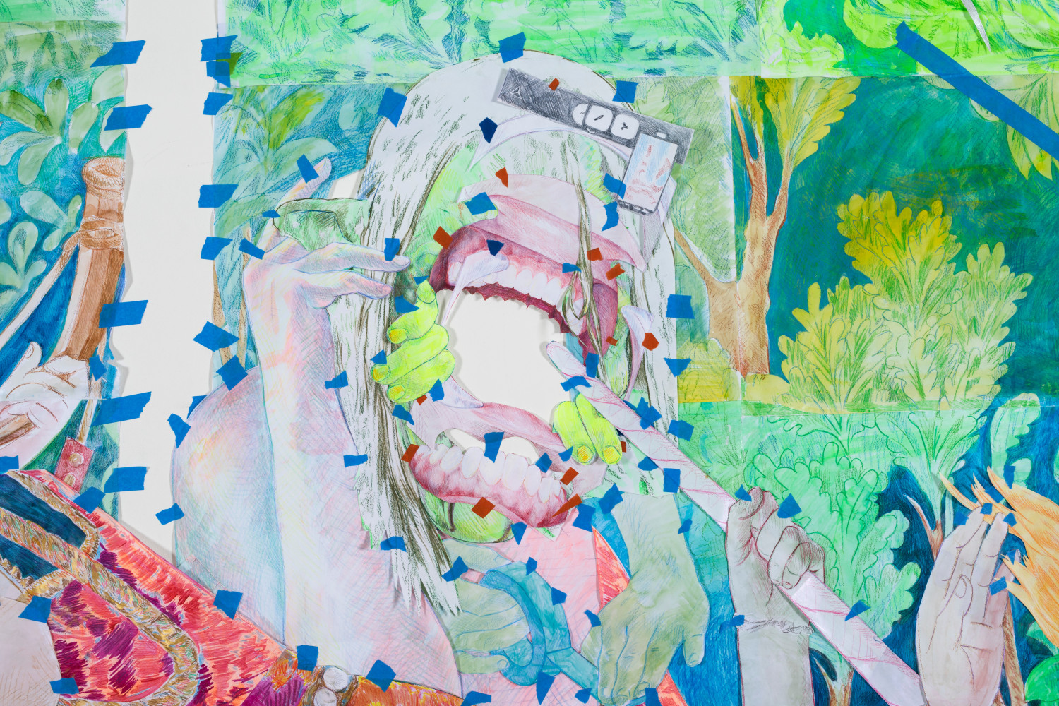 Sam Keogh&amp;nbsp;
The Unicorn Surrenders to a Maiden Cartoon, 2023
acrylic, watercolour, coloured pencil, gold leaf and painter&amp;rsquo;s tape on 70gsm acid-free layout paper
300 x 350 cm approx / 118.1 x 137.8 in approx&amp;nbsp;