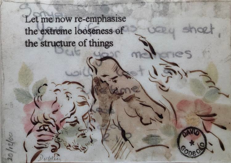 The Structure of Things, 2000, sepia ink &amp;amp; computer print-out on vellum over found sympathy card, 64 x 90 mm