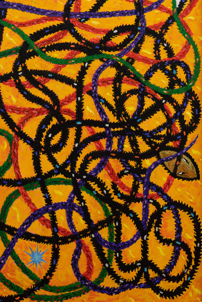 Sonidera de Sue&amp;ntilde;os,&amp;nbsp;2020-21
Flashe, Oil, nails, rope, copper, wood on canvas
232.4 x 154.9 cm / 91.5 x 61 in