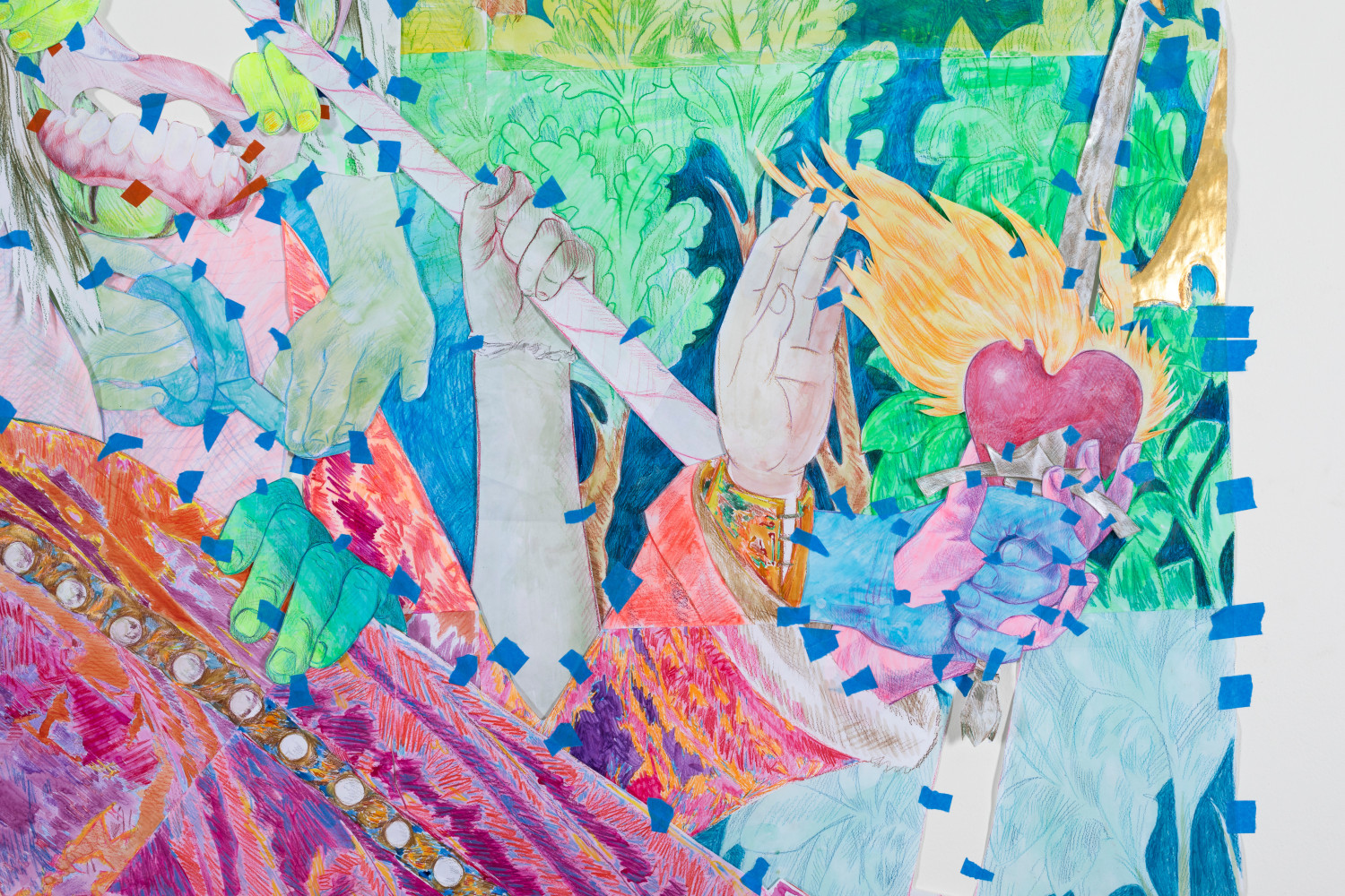 Sam Keogh&amp;nbsp;
The Unicorn Surrenders to a Maiden Cartoon, 2023
acrylic, watercolour, coloured pencil, gold leaf and painter&amp;rsquo;s tape on 70gsm acid-free layout paper
300 x 350 cm approx / 118.1 x 137.8 in approx&amp;nbsp;