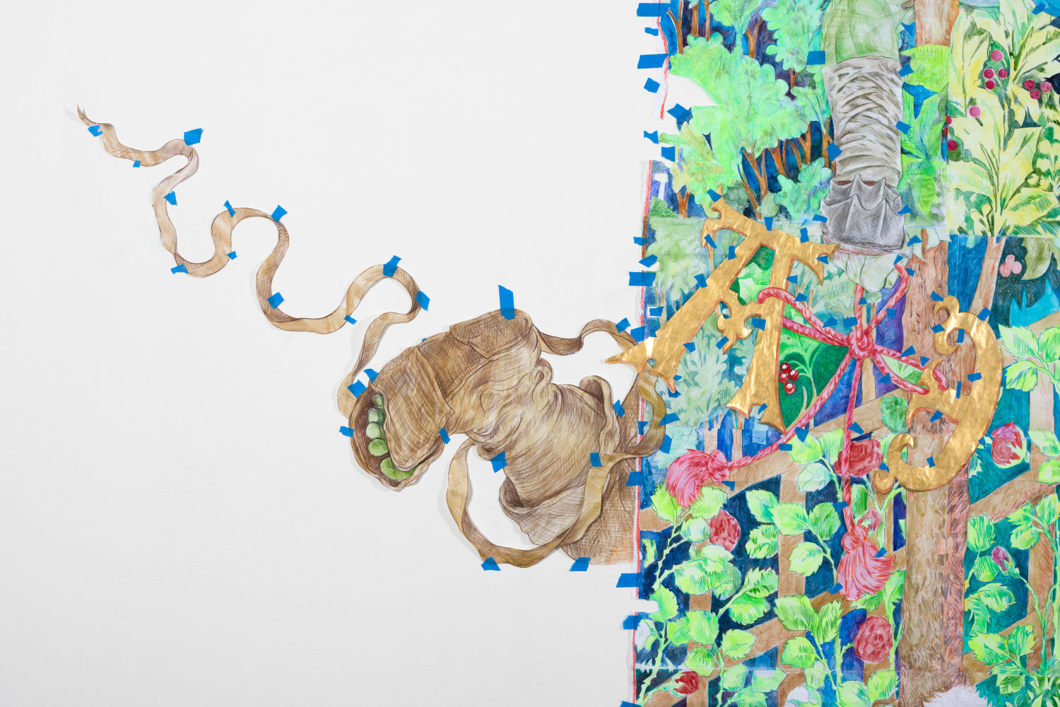 Sam Keogh&amp;nbsp;
The Unicorn Surrenders to a Maiden Cartoon, 2023
acrylic, watercolour, coloured pencil, gold leaf and painter&amp;rsquo;s tape on 70gsm acid-free layout paper
300 x 350 cm approx / 118.1 x 137.8 in approx&amp;nbsp;