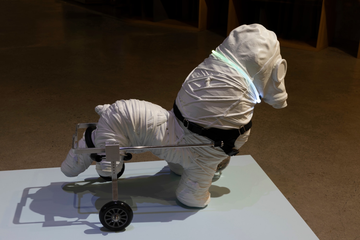 Siobh&amp;aacute;n Hapaska
Salvatore Mundi, 2023
Polylactic acid, paint, dog wheelchair, crystal ball, led collar, mdf, plywood, paint
​​​​​​​65 x 245 x 64 cm