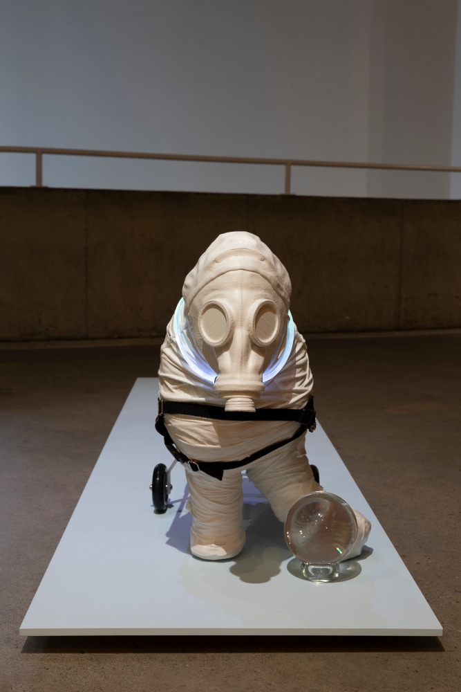 Siobh&amp;aacute;n Hapaska
Salvatore Mundi, 2023
Polylactic acid, paint, dog wheelchair, crystal ball, led collar, mdf, plywood, paint
65 x 245 x 64 cm