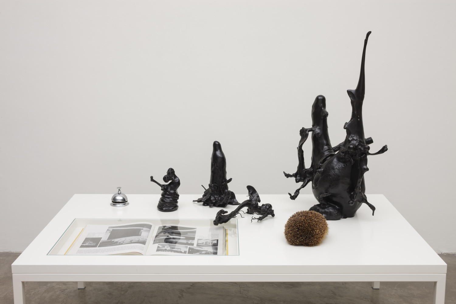 Eoin Mc Hugh&amp;nbsp;
gentle joy, laughter at the trials of the innocents, 2013
taxidermied hedgehog, book, bell, bronze, glass, table
122 x 90 x 144 cm / 48 x 35.4 x 56.7 in