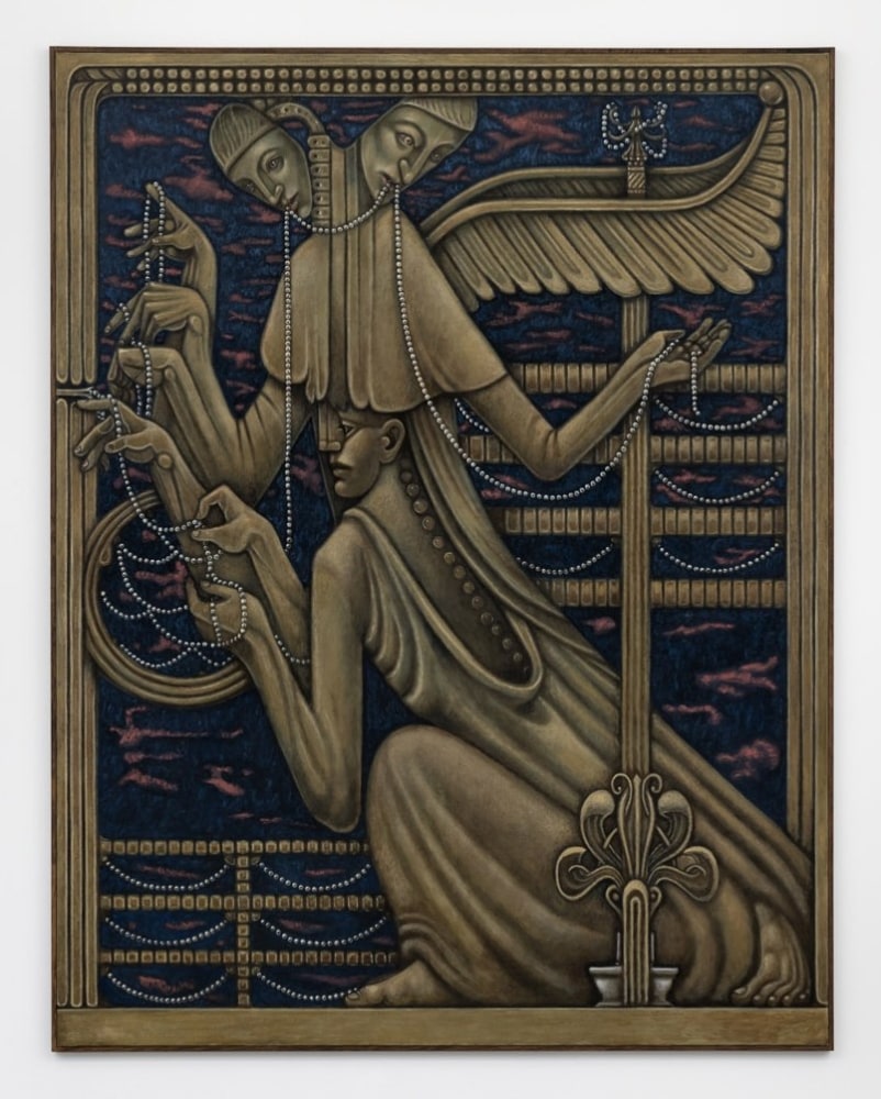 Justin Fitzpatrick, Pearl Liaison 3: Interpretation, 2023, oil on linen, 182 x 142 cm. Photographer Damian Griffiths, Courtesy of Seventeen, London.