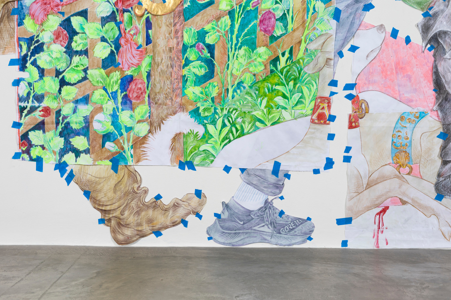 Sam Keogh&amp;nbsp;
The Unicorn Surrenders to a Maiden Cartoon, 2023
acrylic, watercolour, coloured pencil, gold leaf and painter&amp;rsquo;s tape on 70gsm acid-free layout paper
300 x 350 cm approx / 118.1 x 137.8 in approx&amp;nbsp;