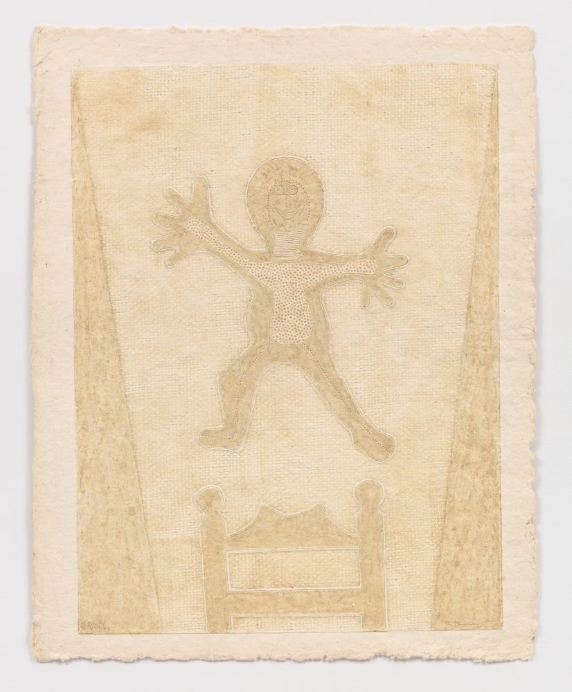 A cream colored monotone Mixografia print featuring a the silhouette of a boy jumping